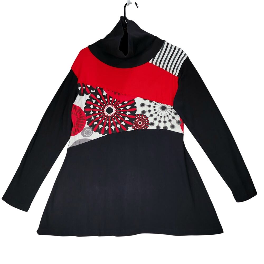 Leopards‎ & Roses Tunic Top sz L Women Black Red Floral Art to Wear Turtle Neck